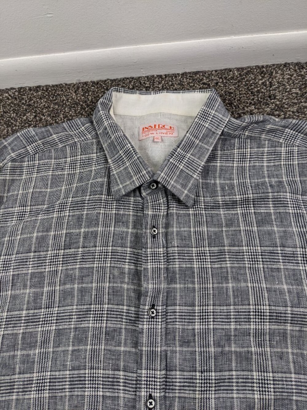 Inserch Italy Shirt 100% Linen Glen Plaid Short Sleeve Button Black Mens 4XL